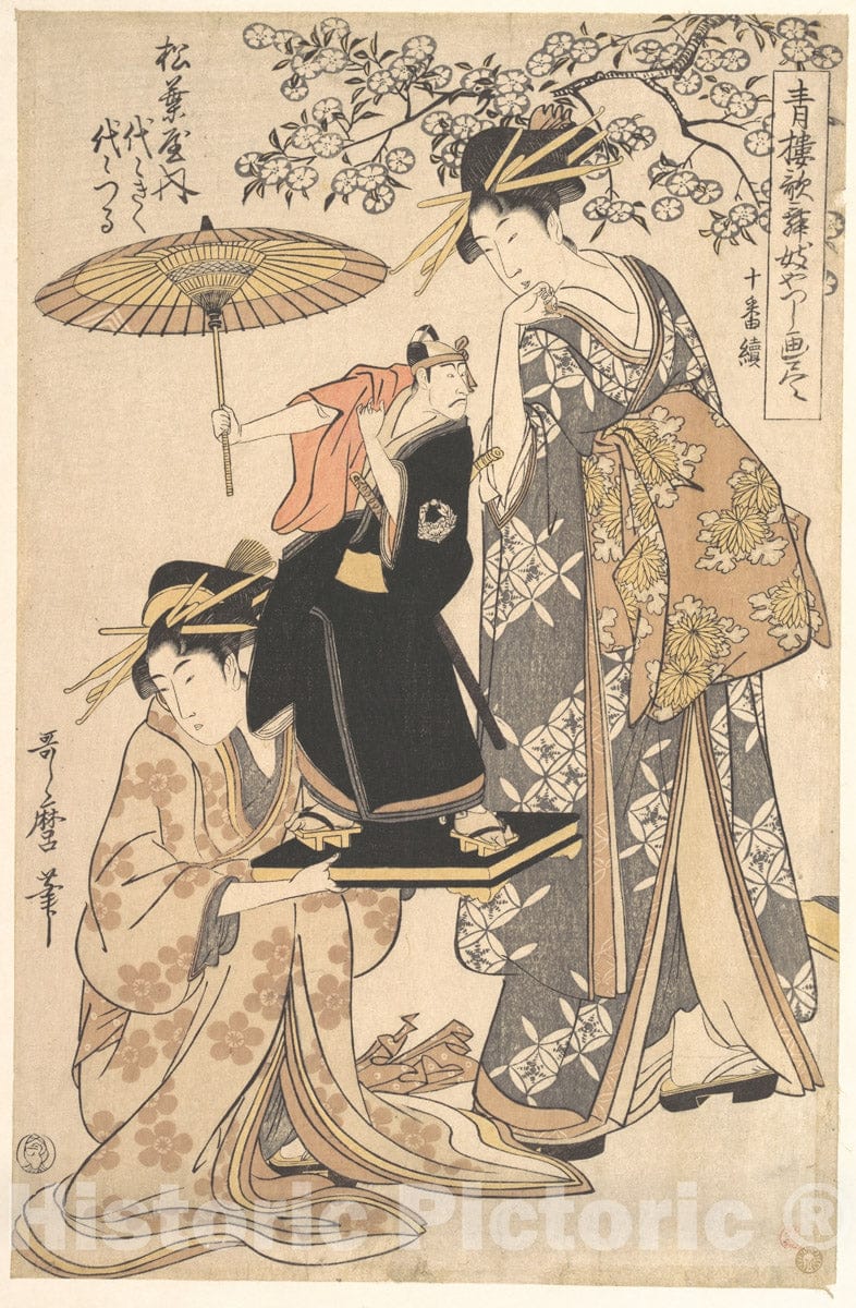Art Print : Kitagawa Utamaro - The Oiran Yoyogiku of Matsubaya Standing Under a Cherry Tree - Japan : Vintage Wall Art