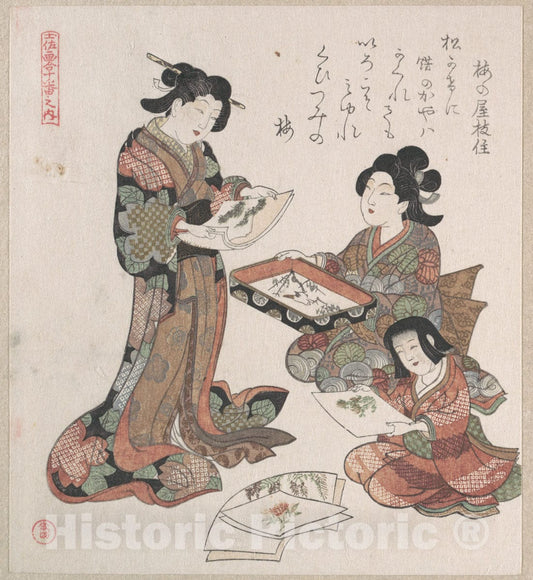 Art Print : Kubo Shunman - Two Women and a Girl Looking at Paintings - Japan : Vintage Wall Art