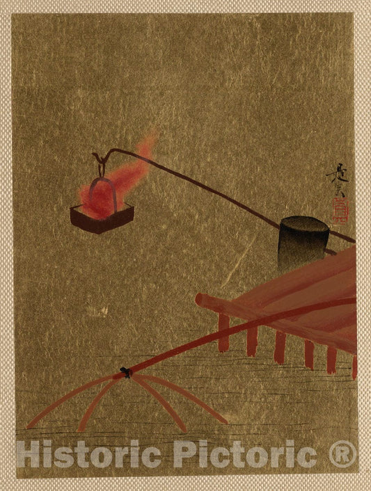 Art Print : Shibata Zeshin - Fire Basket Suspended from Dock Over a Fish Net in The Water - Japan : Vintage Wall Art