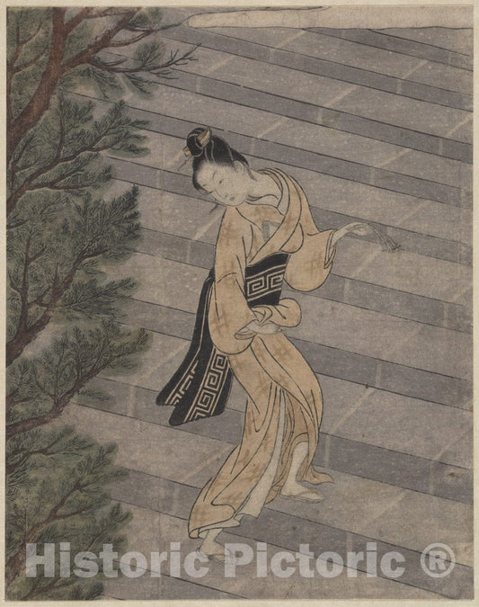 Art Print : Suzuki Harunobu - Young Woman Climbing Stone Stairs to a Shinto Temple - Japan : Vintage Wall Art