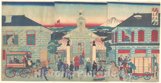 Art Print : Illustration of Foreign Residences and The Catholic Church in Yokohama (Yokohama sh?kan tenshud? no zu) - Artist: Utagawa Hiroshige III - 1870 : Vintage Wall Art