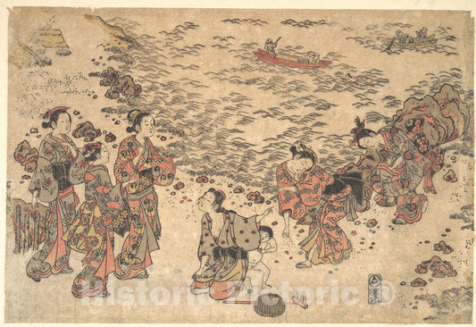 Art Print : Ishikawa Toyonobu - Women and a Small Boy Gathering Shells on a Beach by The Sea - Japan : Vintage Wall Art