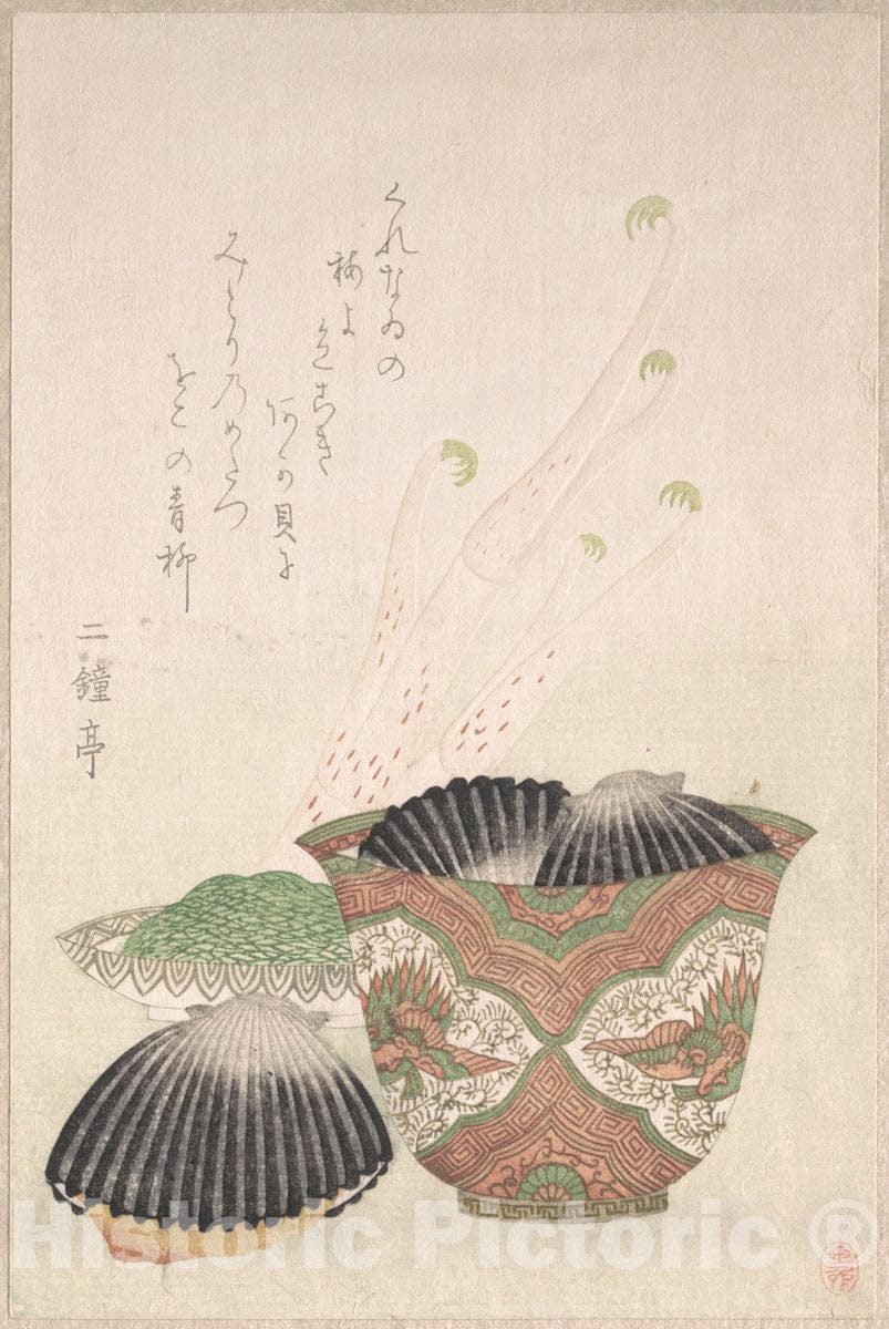 Art Print : Unidentified Artist - Bowl with Black Shells and UDO Plant - Japan : Vintage Wall Art