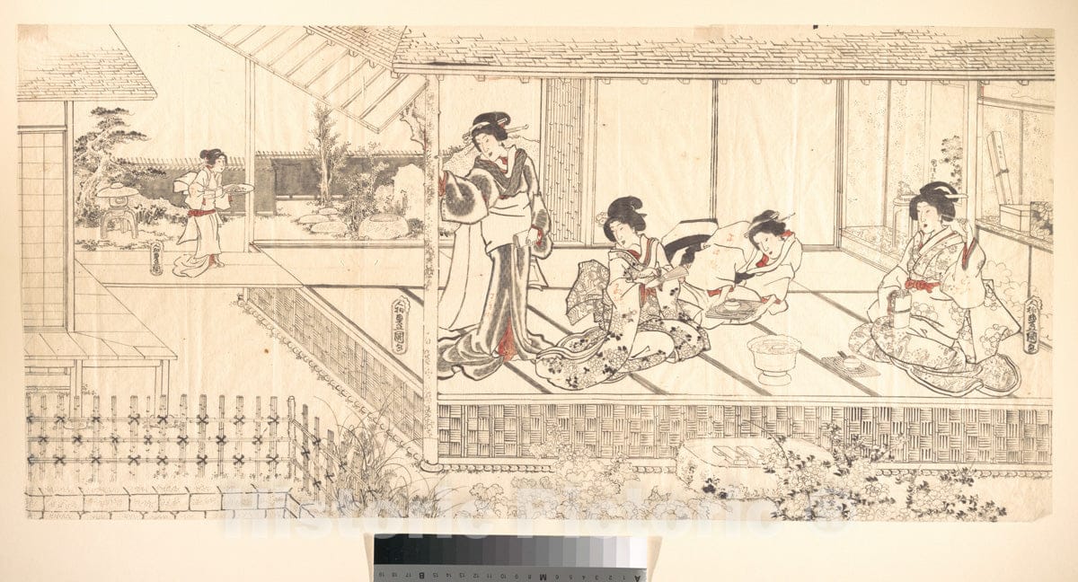 Art Print : Utagawa Kunisada - Two Court Ladies (Goten Jochu) and a Geisha at a Restaurant - Japan : Vintage Wall Art