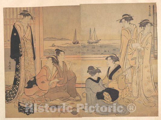 Art Print : Torii Kiyonaga - A Party of Merrymakers in a Tea-House at Shinagawa - Japan : Vintage Wall Art