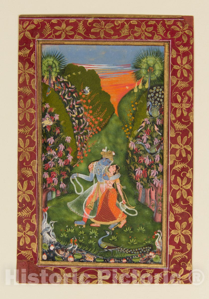 Art Print : The Kota Master - Radha and Krishna Walk in a Flowering Grove (Recto); Krishna Fluting (Verso) - India (Rajasthan, Kota) : Vintage Wall Art