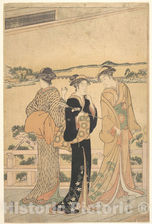 Art Print : Katsukawa Shunzan - Three Women on a Veranda Overlooking a Bay - Japan : Vintage Wall Art