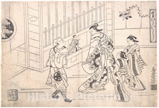 Art Print : Torii Kiyomasu I - The Actor Ichimura Takenojo VIII in The Role of a Puppeteer, Showing Puppets to a Courtesan - Japan : Vintage Wall Art