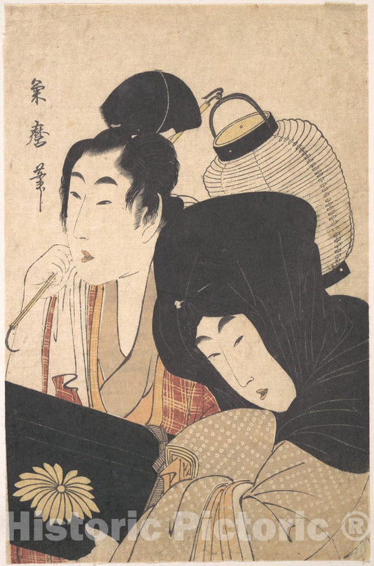 Art Print : Kitagawa Kikumaro - Young Woman at Night accompanied by a Servant Carrying a Lantern and a Shamisen Box - Japan : Vintage Wall Art