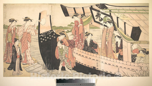 Art Print : Torii Kiyonaga  - Women Landing from a Pleasure Boat Drawn Up to the Shore at Mukojima on Sumida RIver, Edo : Vintage Wall Art