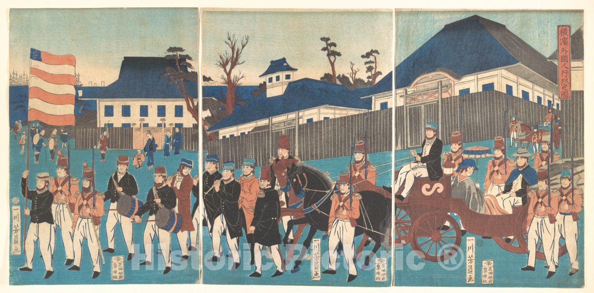 Art Print : Utagawa Yoshikazu - Picture of a Procession of Foreigners at Yokohama - Japan v.2 : Vintage Wall Art