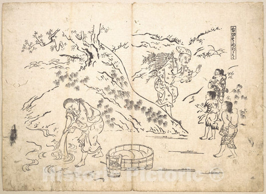 Art Print : Okumura Masanobu - Fagot–gatherer Finds Boy with Sparrow - Japan : Vintage Wall Art