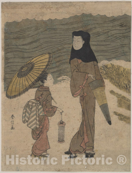 Art Print : Suzuki Harunobu - Lady with Black Hood and Umbrella Out Walking with Young Attendant - Japan : Vintage Wall Art