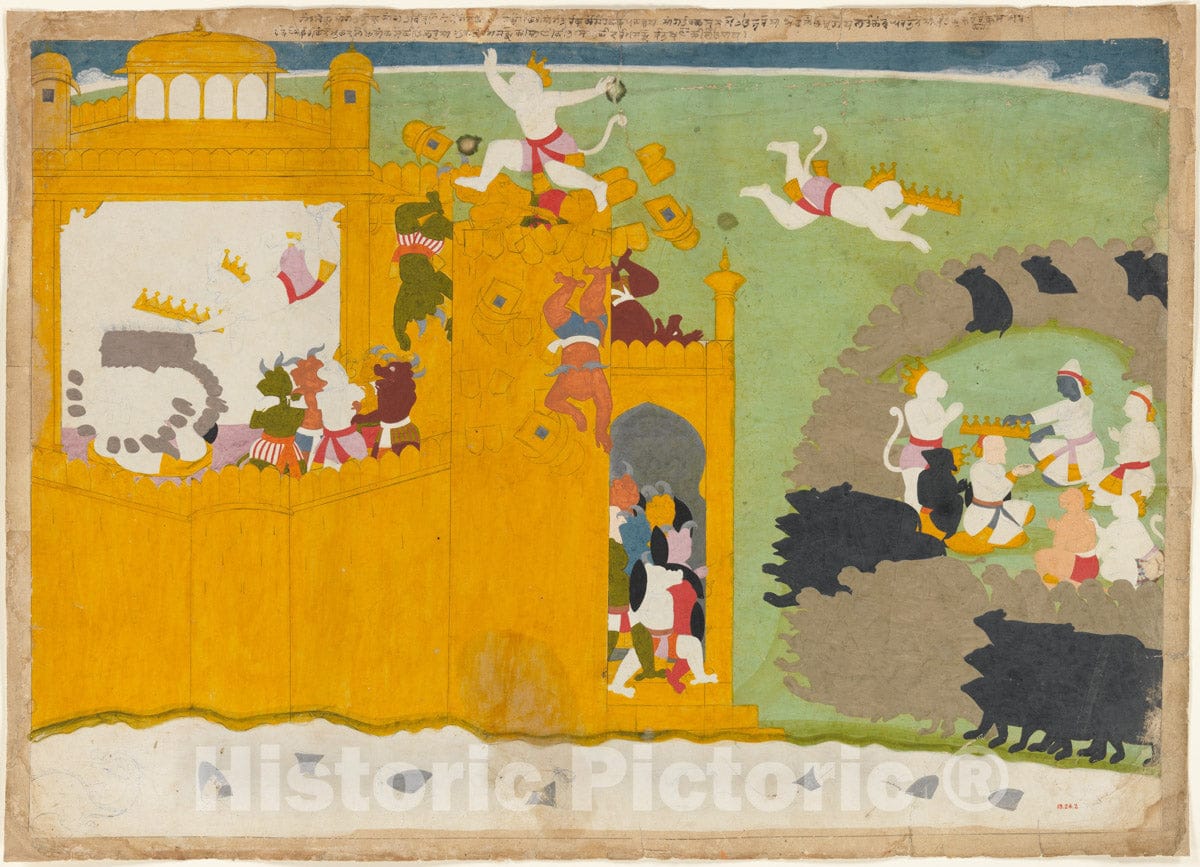 Art Print : Manaku - The Monkey Leader Angada Steals Ravana's Crown from His Fortress - India (Punjab Hills, Guler) : Vintage Wall Art