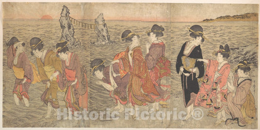 Art Print : Kitagawa Utamaro - Women Worshipping The Rising Sun Between The Twin Rocks at Ise - Japan v.1 : Vintage Wall Art