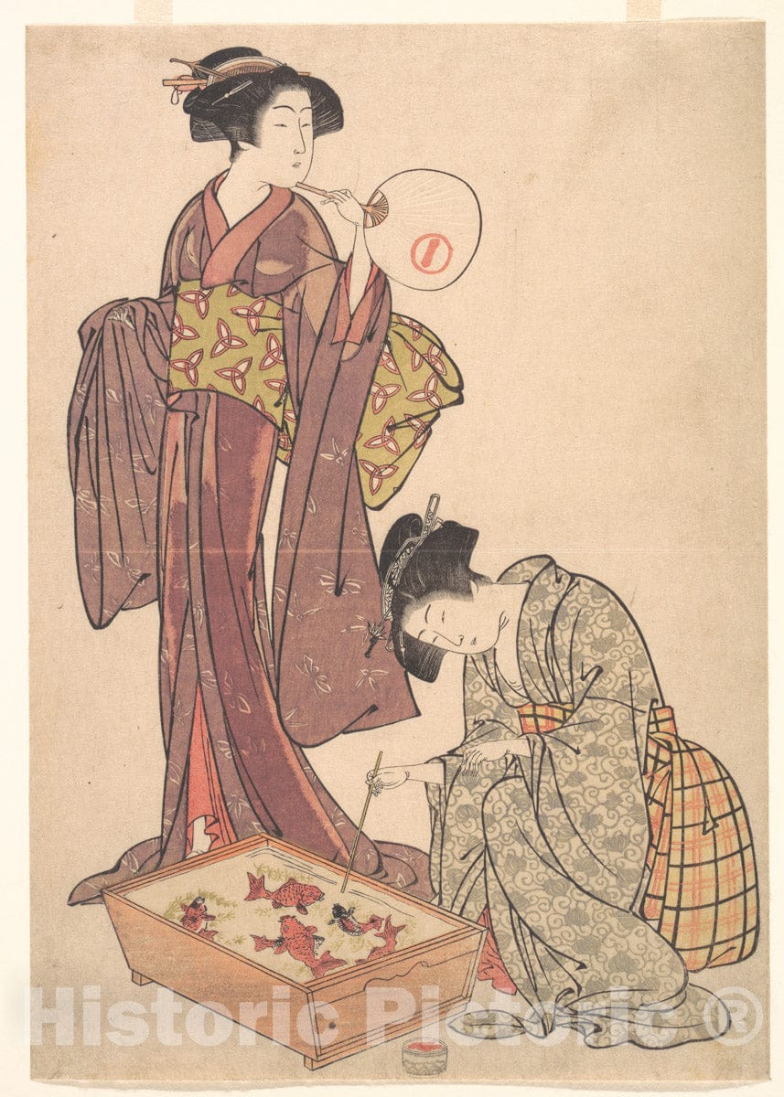 Art Print : Kitao Shigemasa - Two Women Feeding Fish - Japan : Vintage Wall Art