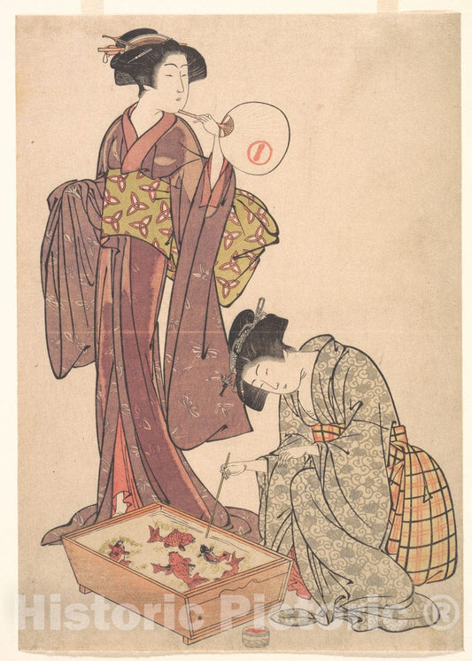 Art Print : Kitao Shigemasa - Two Women Feeding Fish - Japan : Vintage Wall Art