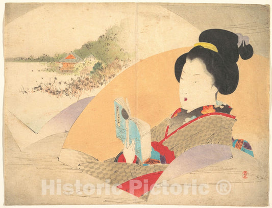 Art Print : Watanabe Seitei  - Beauty Looking at Shinobazu Pond : Vintage Wall Art