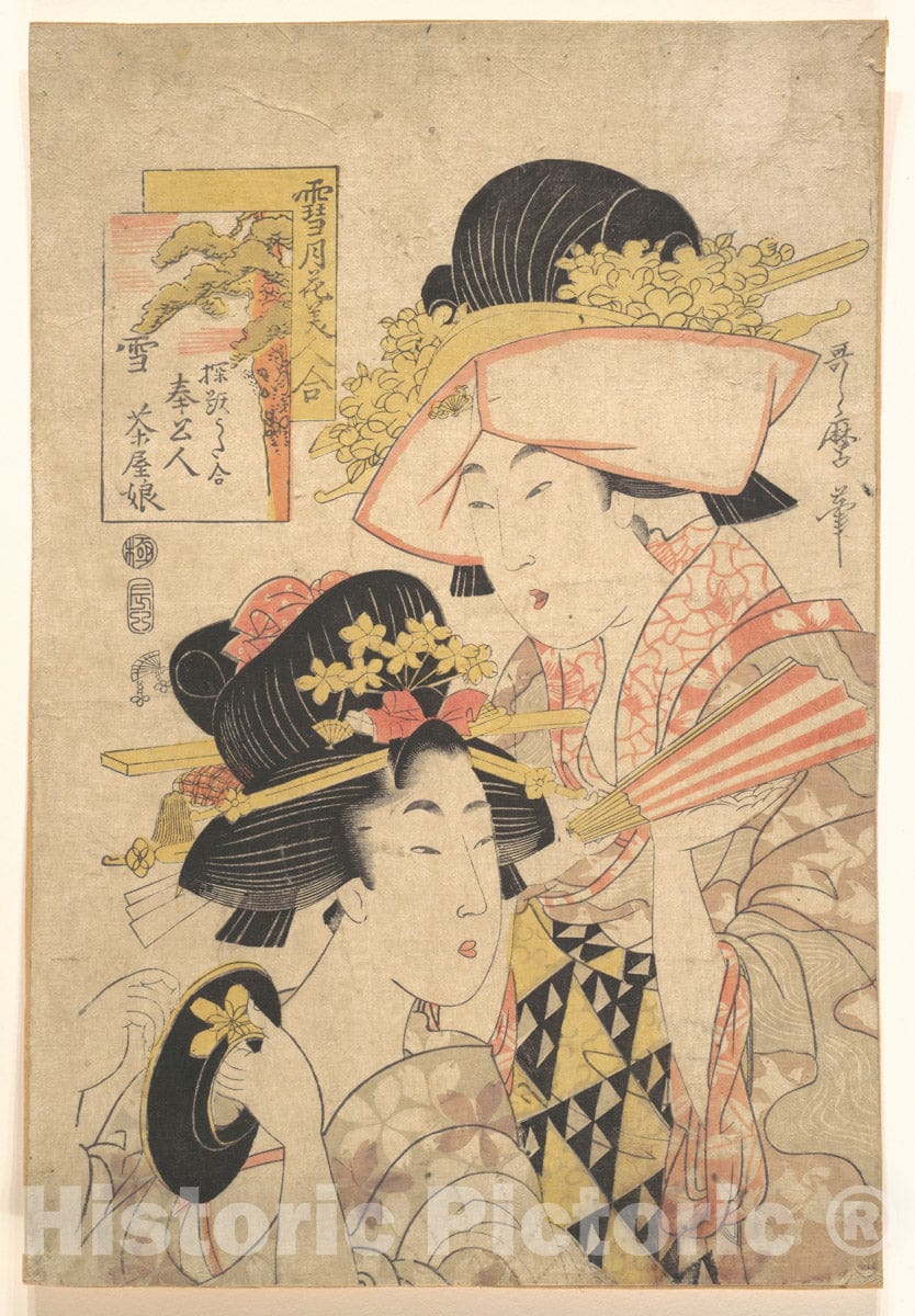 Art Print : Kitagawa Utamaro  - Teahouse girl and servant: Snow from the series Comparison of Snow, Moon and Flower Beauty : Vintage Wall Art