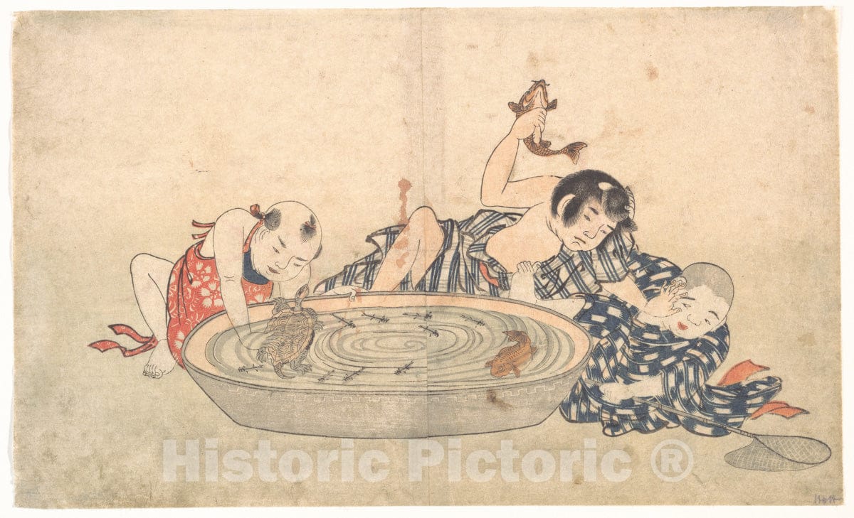 Art Print : Kitao Shigemasa - Boys Playing with a Basin of Fish and Turtles - Japan : Vintage Wall Art