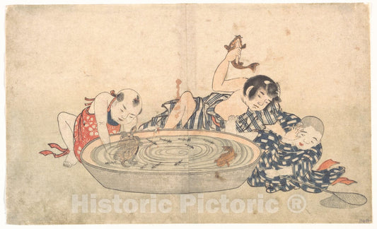 Art Print : Kitao Shigemasa - Boys Playing with a Basin of Fish and Turtles - Japan : Vintage Wall Art