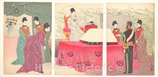 Art Print : Illustration of The Empress Visiting The General Staff Headquarters to Present a Tray of Bandages - Artist: Kobayashi Kiyochika - 1895 : Vintage Wall Art
