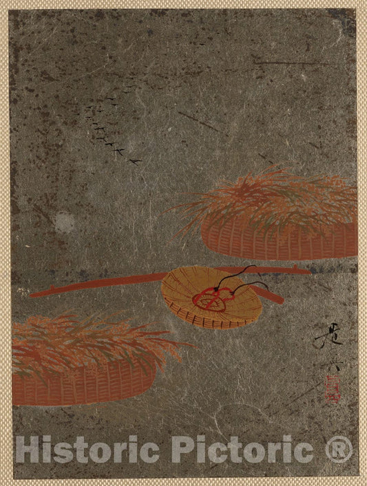 Art Print : Shibata Zeshin - Flower Baskets and Farmer's Hat - Japan : Vintage Wall Art