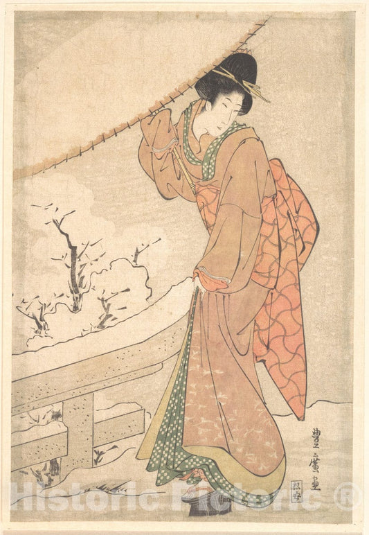 Art Print : Utagawa Toyohiro - A Young Woman in a Snow Storm Carrying a Heavily Snow-Laden Umbrella - Japan : Vintage Wall Art