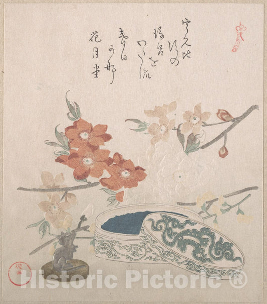 Art Print : Kubo Shunman - Peach Blossoms, a Seal and a Seal-Box - Japan : Vintage Wall Art