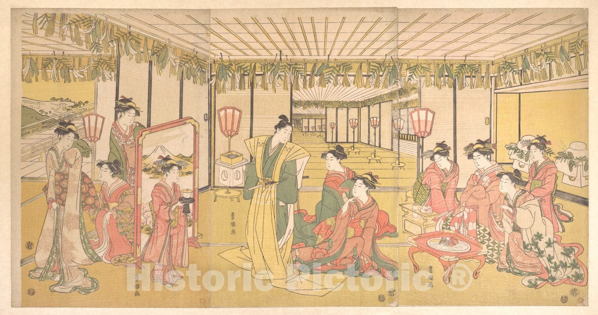 Art Print : Utagawa Toyokuni I - New Year's Celebration in a Large Mansion - Japan : Vintage Wall Art
