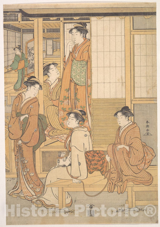 Art Print : Katsukawa Shunch? - Group of Young Women on The Veranda of a Tea House - Japan : Vintage Wall Art