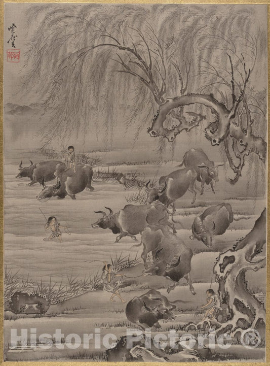Art Print : Kawanabe Ky?sai - Buffalo and Herdsman - Japan : Vintage Wall Art