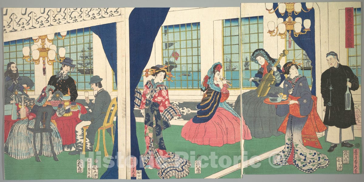Art Print : Utagawa (Gountei) Sadahide - Foreigners in The Drawing Room of Foreign Merchant's House in Yokohama - Japan : Vintage Wall Art