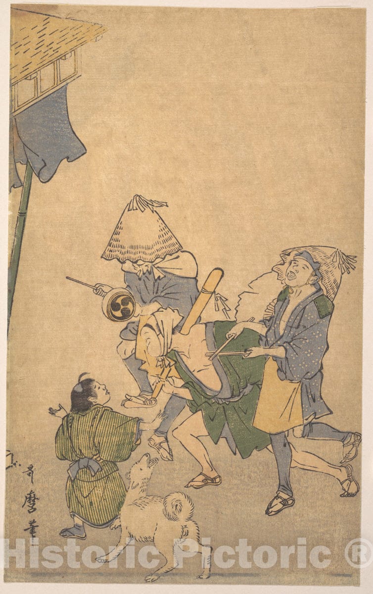 Art Print : Kitagawa Utamaro - Three Revelers of The Lower Classes, Wearing Komuso Hats, with Small Boy and Dog - Japan : Vintage Wall Art