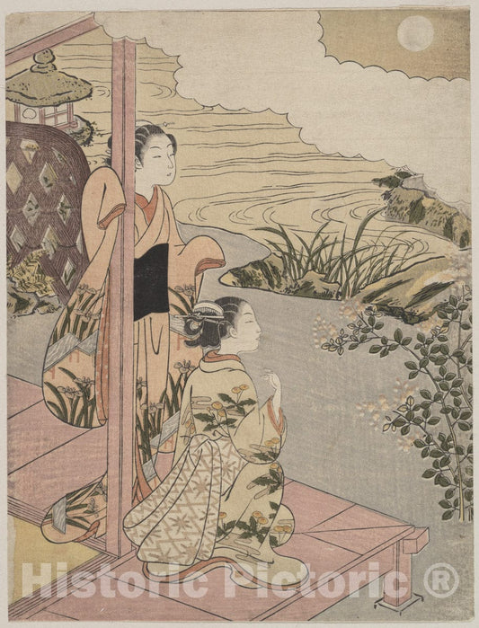 Art Print : Suzuki Harunobu - Two Girls on a Veranda Beside a Stream with The Moon - Japan : Vintage Wall Art