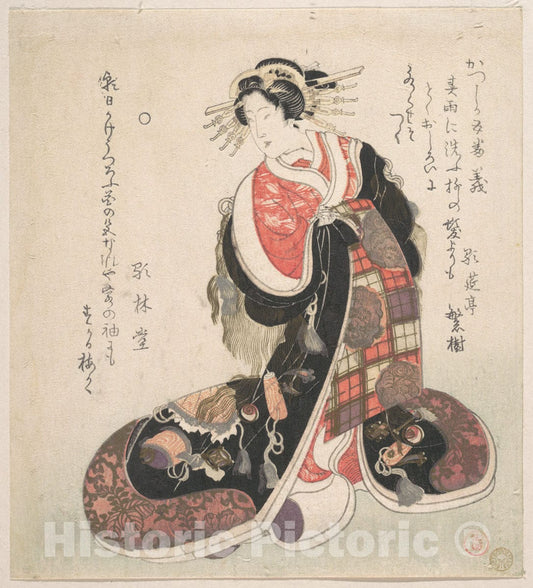 Art Print : Possibly Kubo Shunman - Courtesan Dressed in an Elaborate Gown Embroidered with Emblems of Good Luck - Japan : Vintage Wall Art