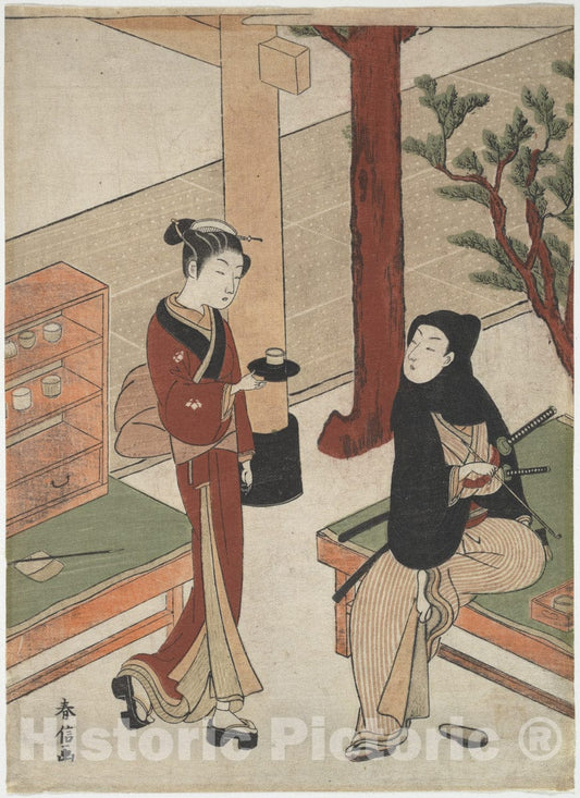 Art Print : Suzuki Harunobu - Osen Waiting on a Young Samurai - Japan : Vintage Wall Art
