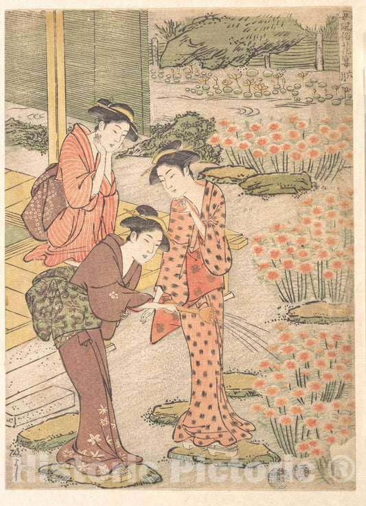 Art Print : Kuwagata Keisai - Three Young Women in a Garden Where Nadeshiko Pinks are Growing - Japan : Vintage Wall Art