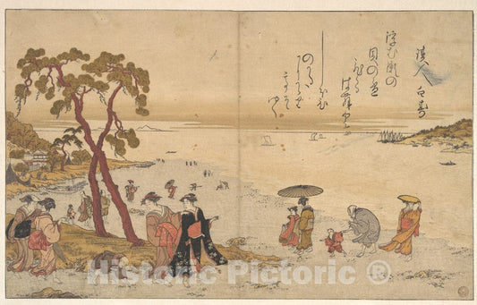 Art Print : Kitagawa Utamaro - Girls Gathering Shells on The Sea-Shore - Japan : Vintage Wall Art