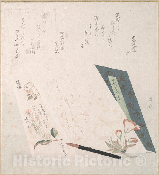Art Print : Ry?ry?kyo Shinsai - Books of Flowers and a Writing Brush - Japan : Vintage Wall Art