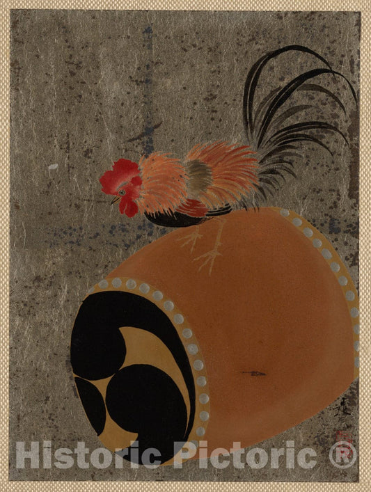 Art Print : Shibata Zeshin - Cock on Drum - Japan : Vintage Wall Art