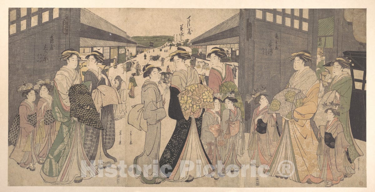 Art Print : Ch?bunsai Eishi - Oiran and Attendants at The ? Mon or Great Gate of The Yoshiwara - Japan : Vintage Wall Art
