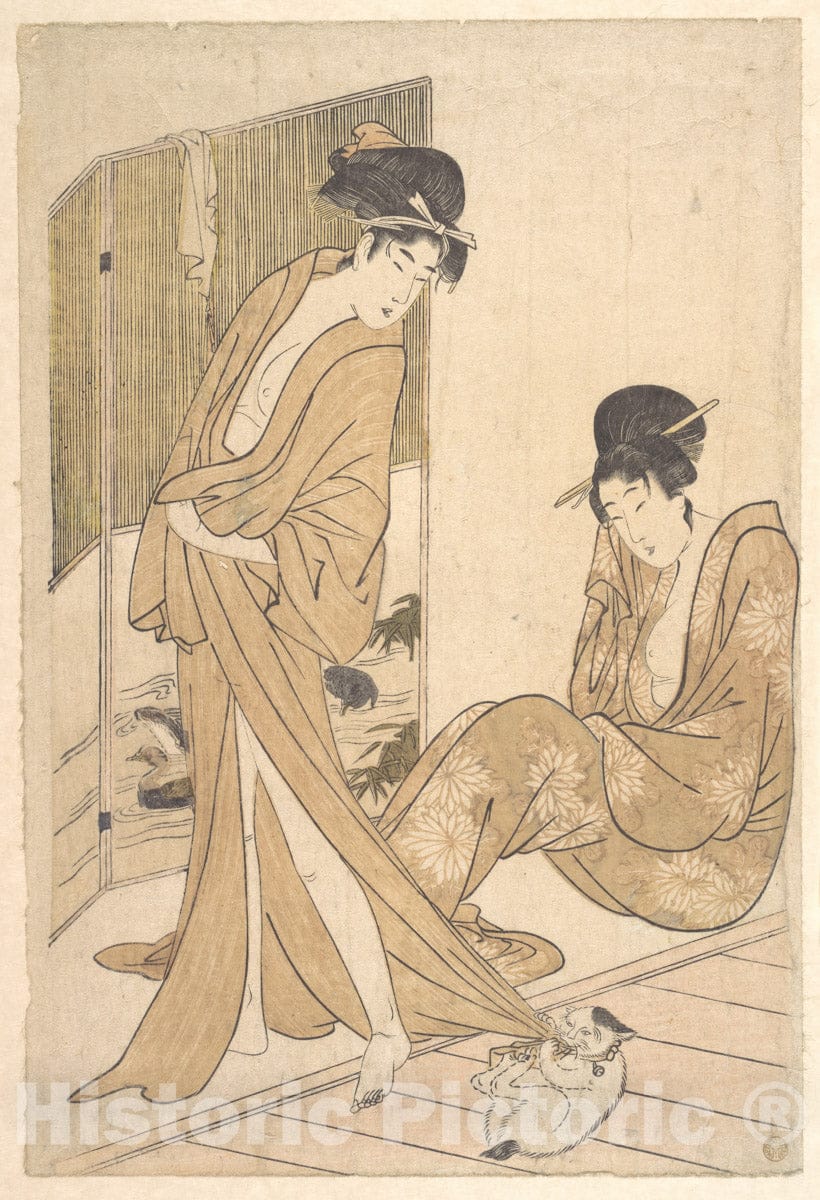Art Print : Kitagawa Utamaro - Two Young Women Wrapped in Yukata After a Bath - Japan : Vintage Wall Art
