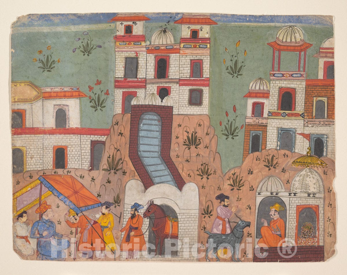 Art Print : A Raja Receives Homage Outside the City:   Page from a Dispersed Manuscript : Vintage Wall Art