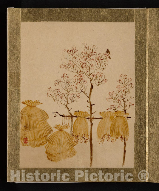 Art Print : Shibata Zeshin - Rice Stacks and Trees - Japan : Vintage Wall Art