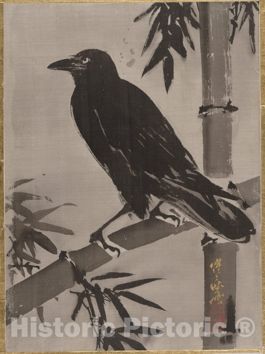 Art Print : Kawanabe Ky?sai - Crow on a Bamboo Branch - Japan : Vintage Wall Art