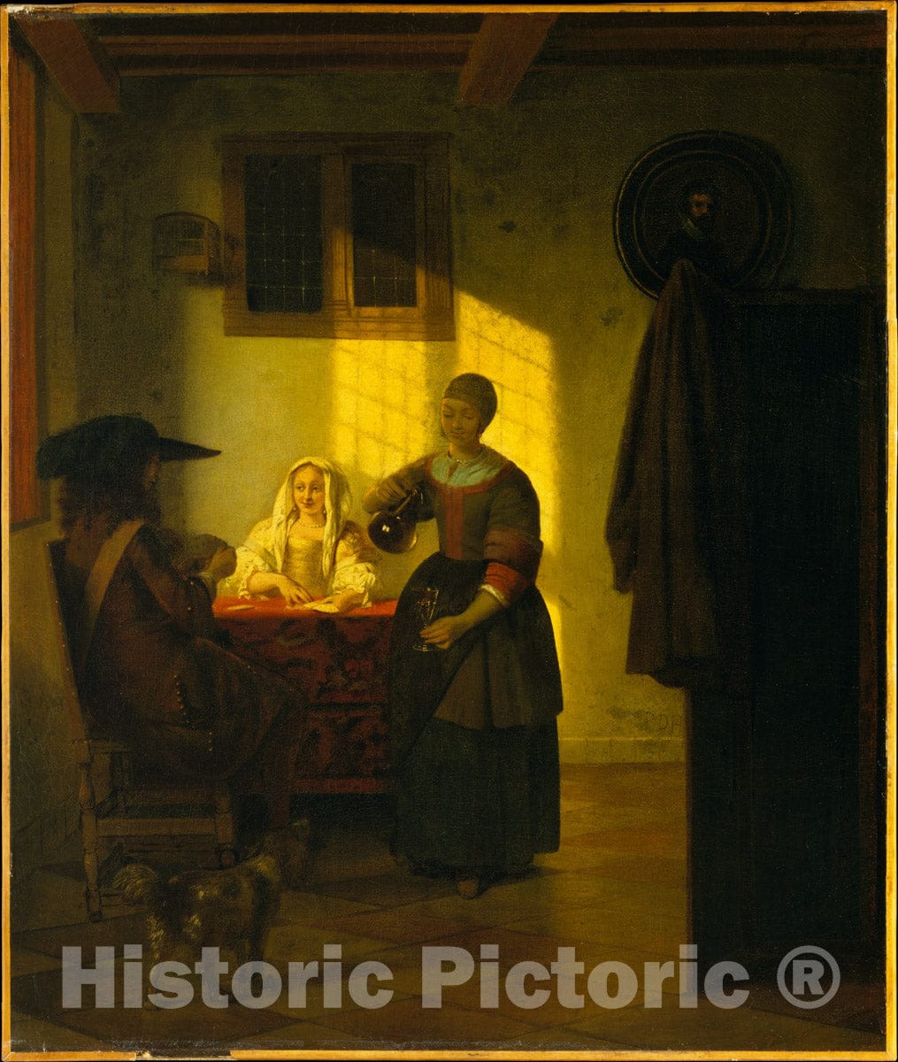Art Print : Pieter de Hooch - A Couple Playing Cards, with a Serving Woman : Vintage Wall Art