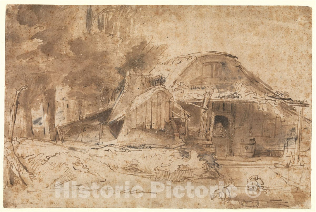 Art Print : Rembrandt (Rembrandt Van Rijn) - Cottage Near The Entrance to a Wood : Vintage Wall Art