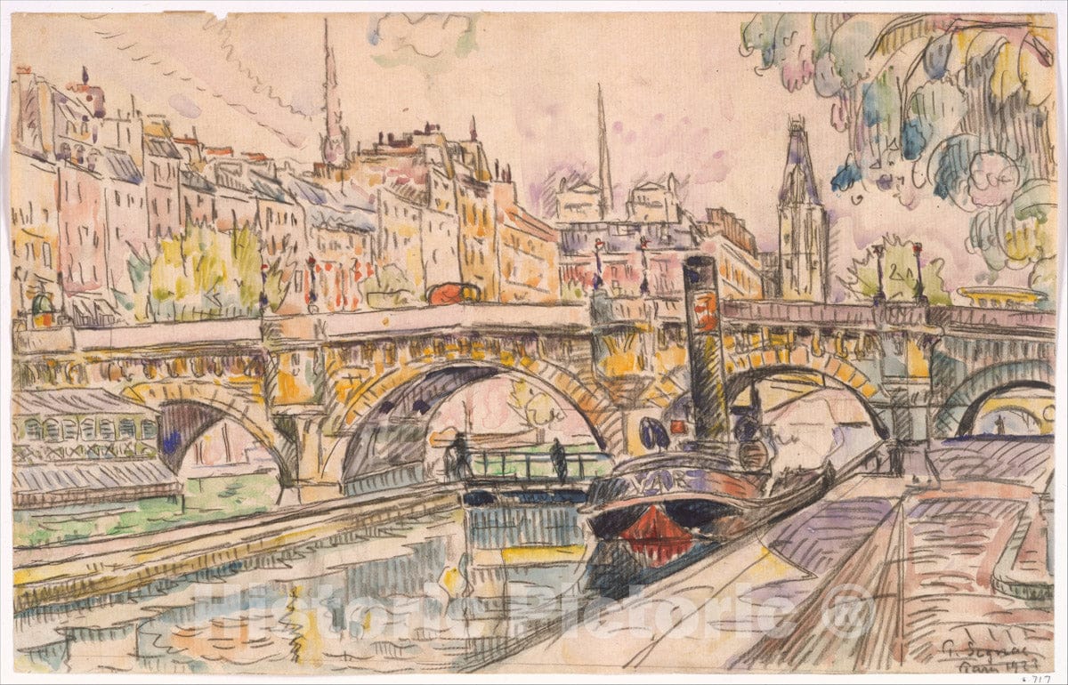 Art Print : Paul Signac - Tugboat at The Pont Neuf, Paris : Vintage Wall Art