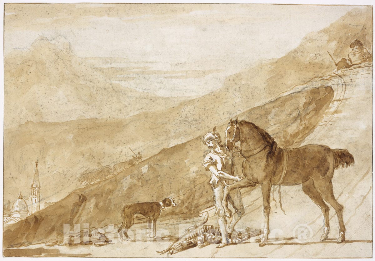 Art Print : Giovanni Domenico Tiepolo - Landscape with a Horse Held by a Page : Vintage Wall Art